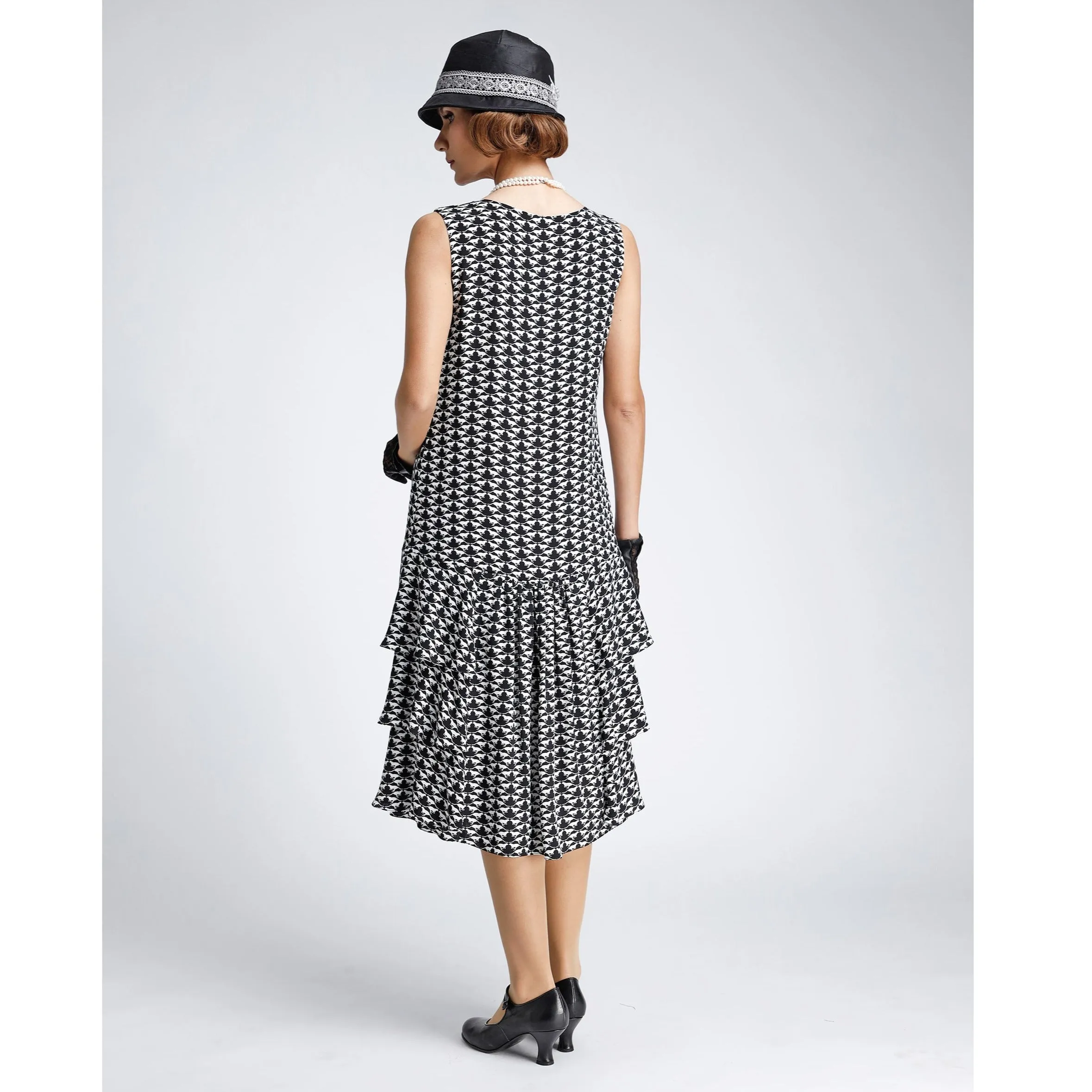 1920s black and white viscose rayon art deco dress with tiered skirt