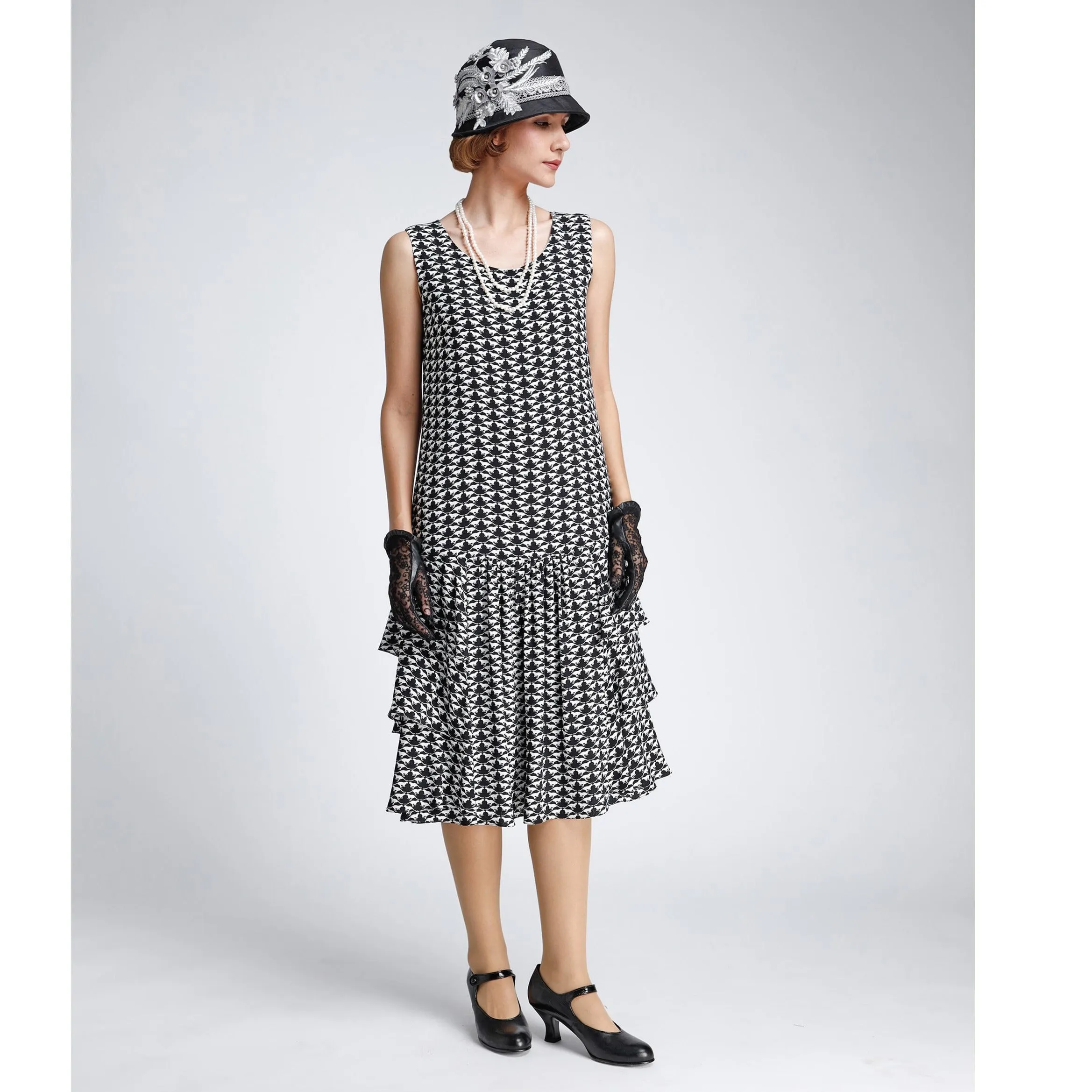 1920s black and white viscose rayon art deco dress with tiered skirt