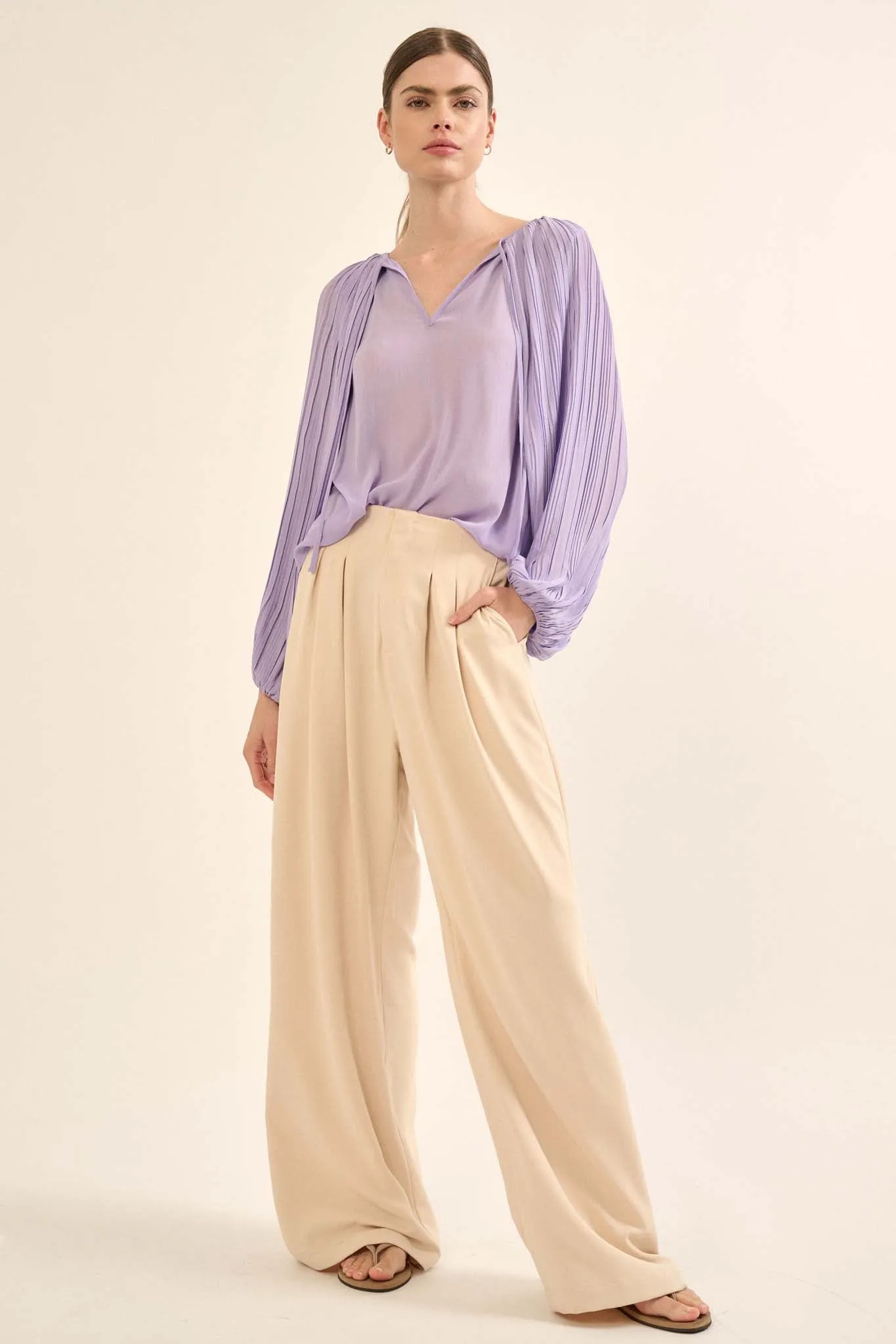 Angelic Heart Pleated Balloon-Sleeve Chiffon Top