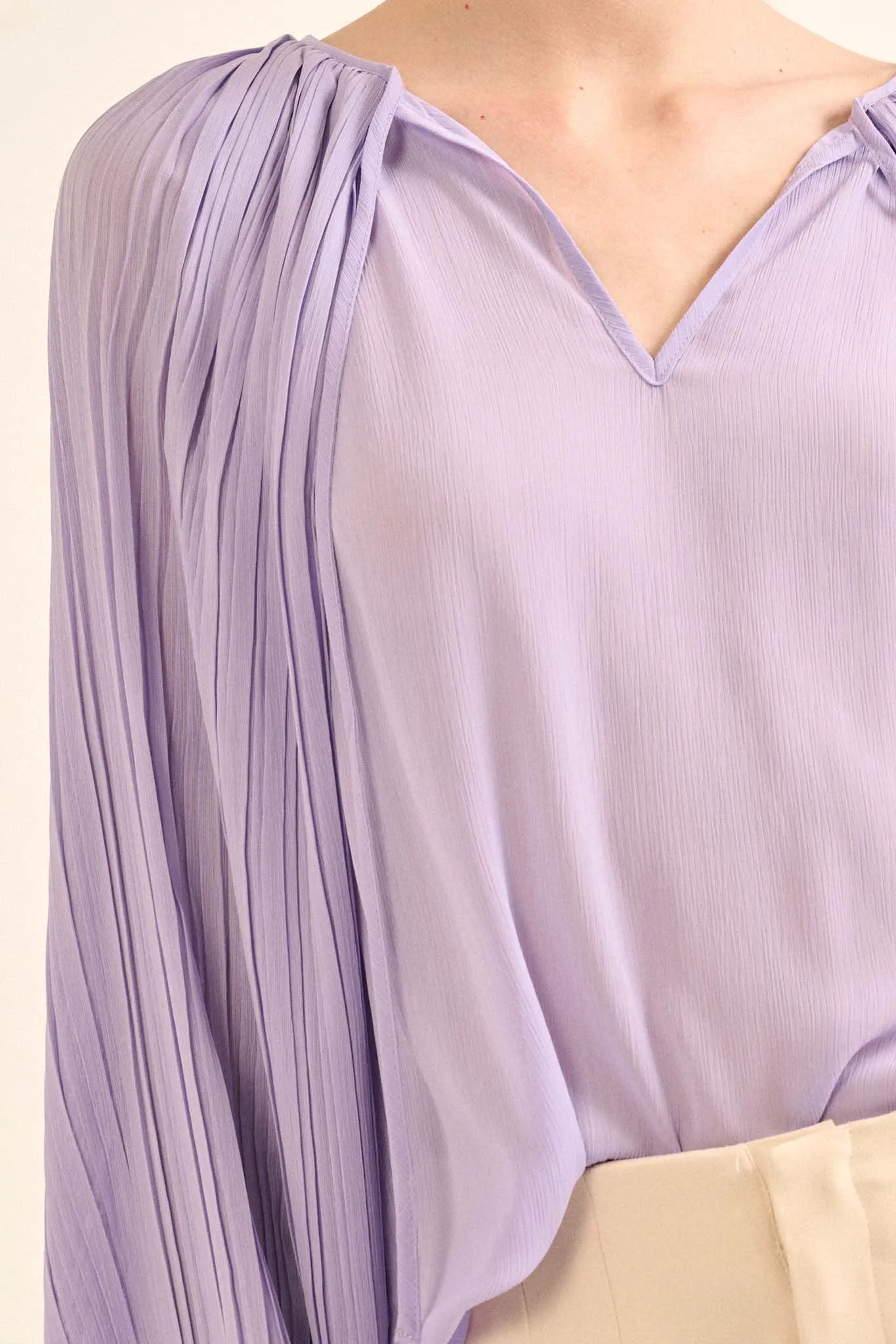 Angelic Heart Pleated Balloon-Sleeve Chiffon Top