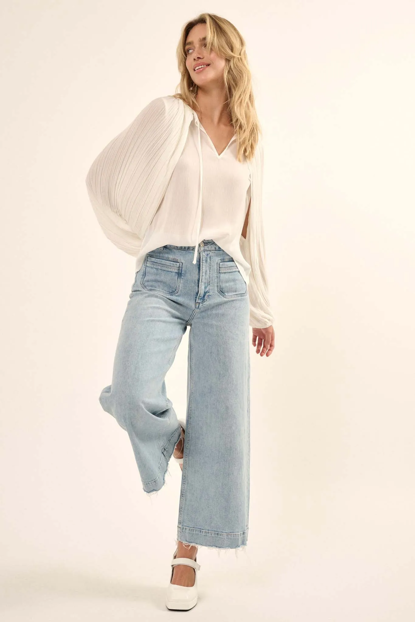 Angelic Heart Pleated Balloon-Sleeve Chiffon Top