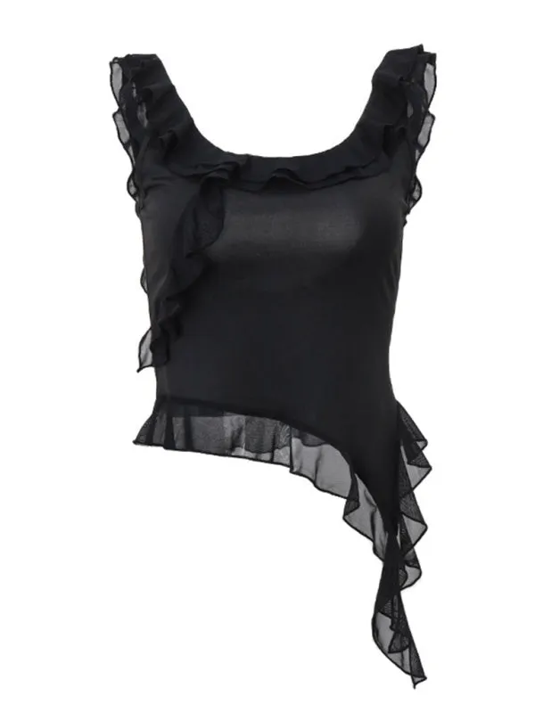 Asymmetric Sleeveless Top with Backless Design and Mesh Frills