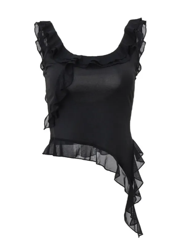 Asymmetric Sleeveless Top with Backless Design and Mesh Frills