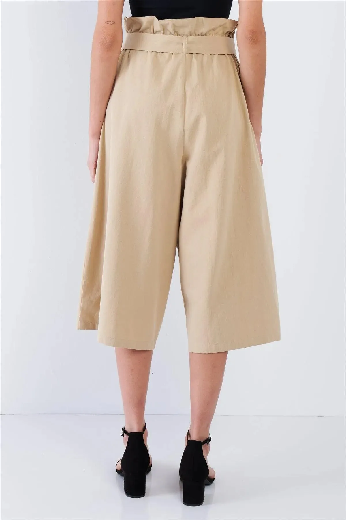 Beige Cotton Ruffle High Waist Wide Leg Gaucho Pants  /1-2-1