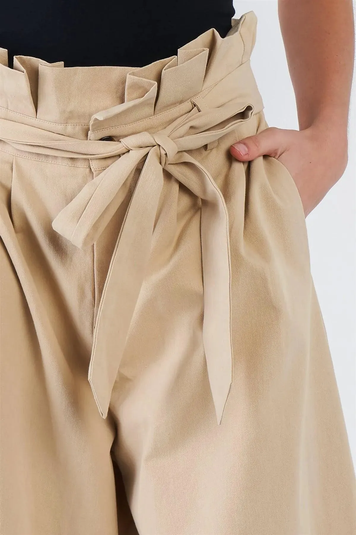 Beige Cotton Ruffle High Waist Wide Leg Gaucho Pants  /1-2-1