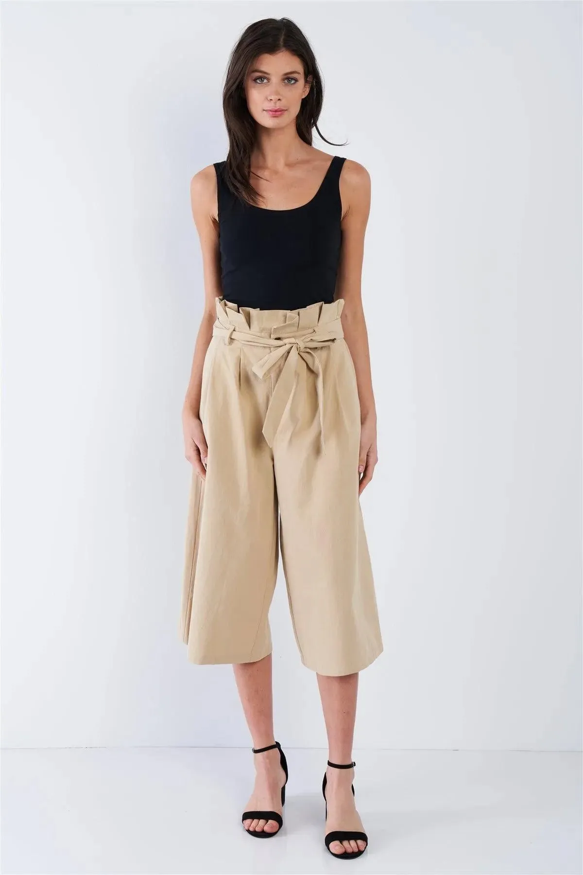 Beige Cotton Ruffle High Waist Wide Leg Gaucho Pants  /1-2-1