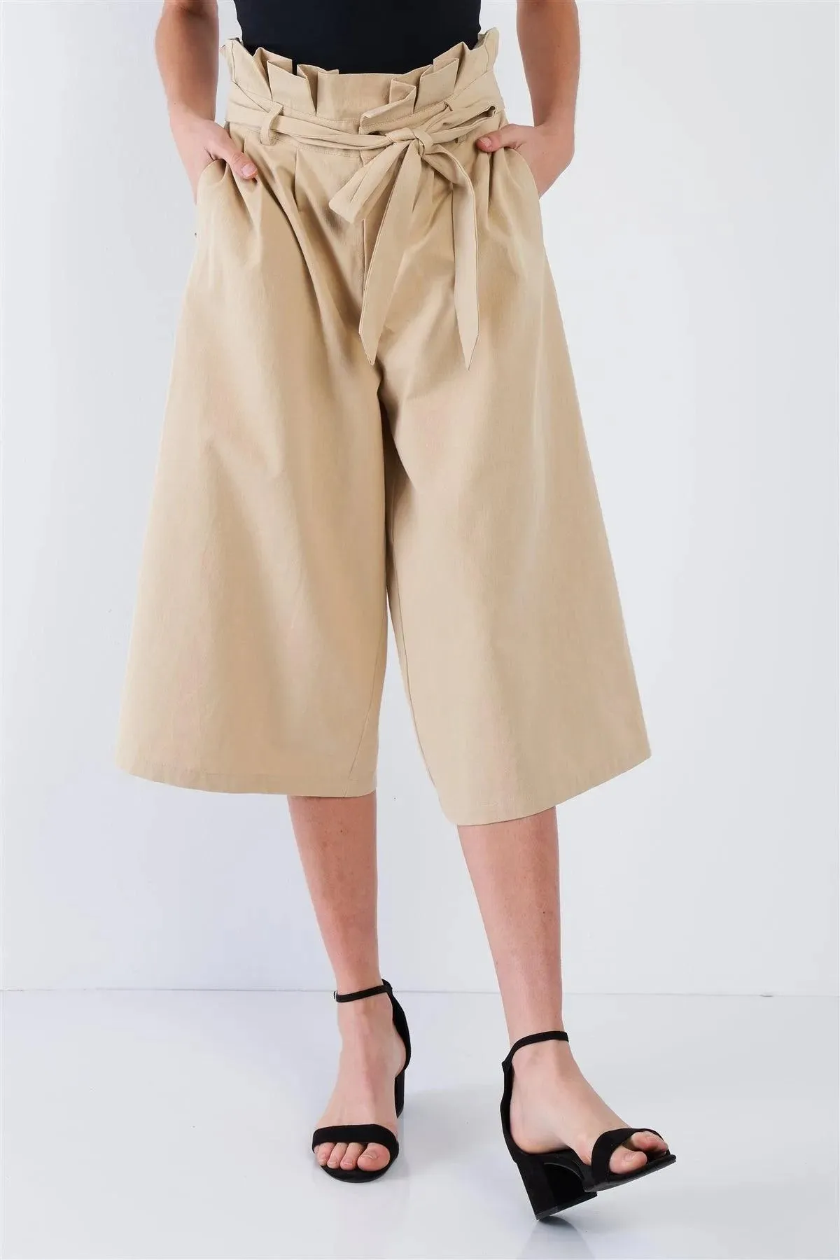 Beige Cotton Ruffle High Waist Wide Leg Gaucho Pants  /1-2-1