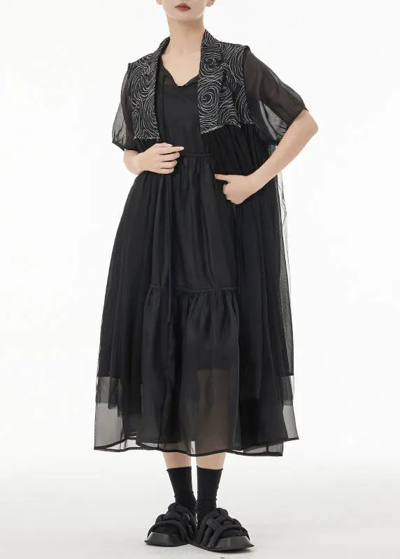 Black Patchwork Chiffon Long Cardigan Peter Pan Collar Sleeveless TS1035