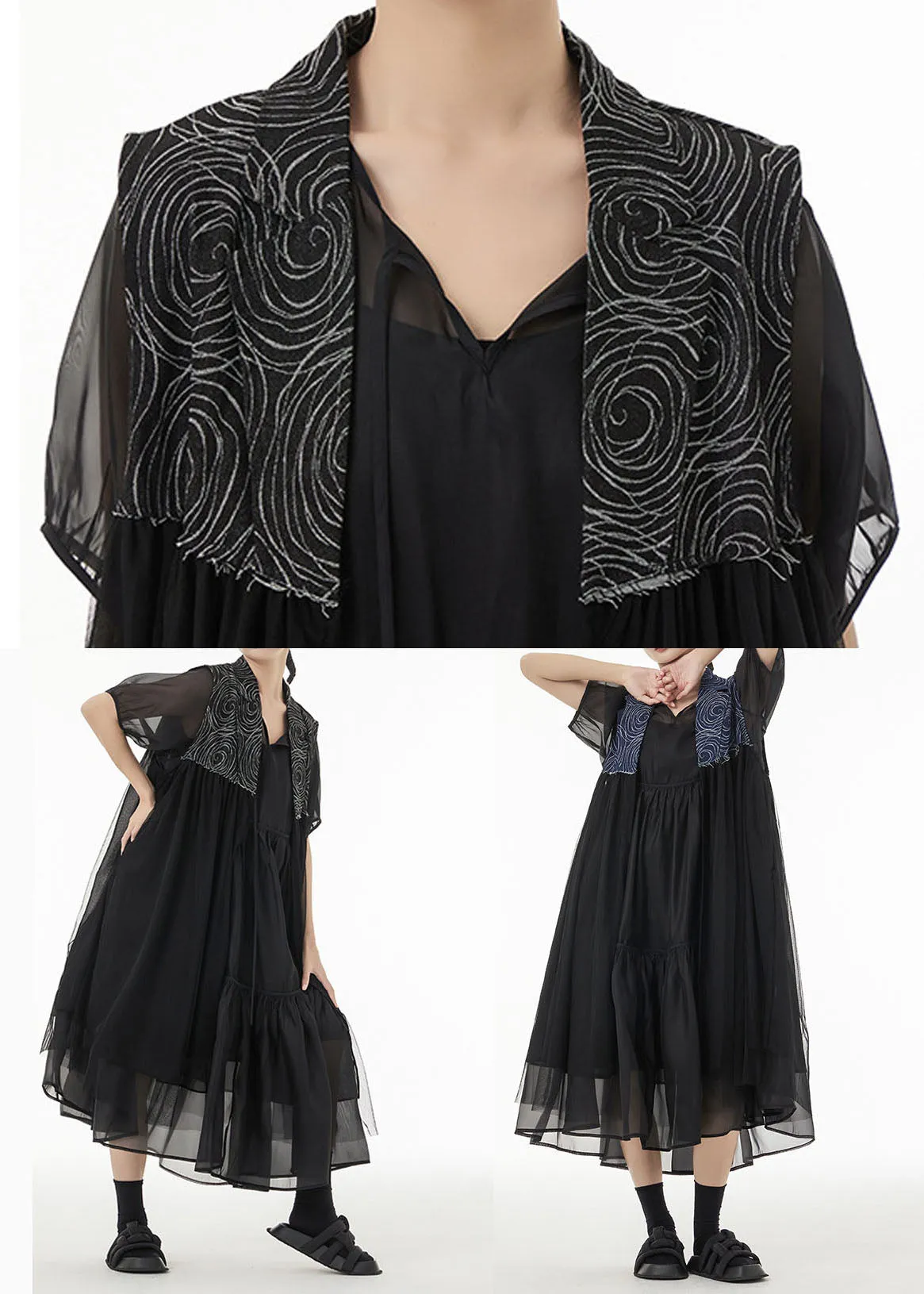 Black Patchwork Chiffon Long Cardigan Peter Pan Collar Sleeveless TS1035