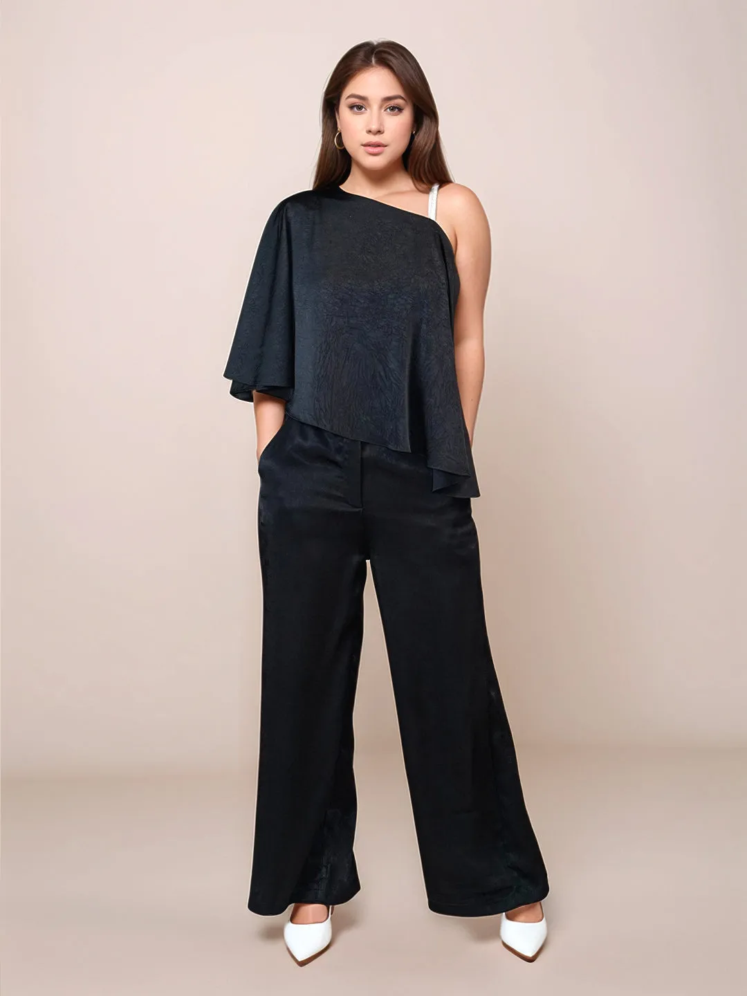 Black Textured One-Shoulder Top