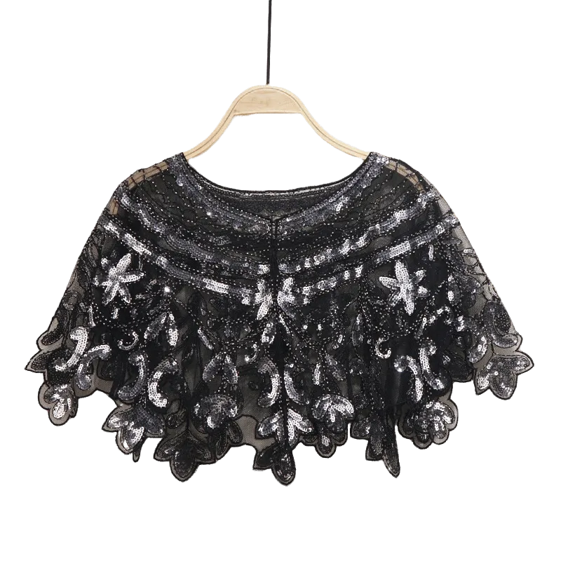 Bling 1920s Style Mesh Sequin Bead Deco Flapper Capelet Shawls Wraps