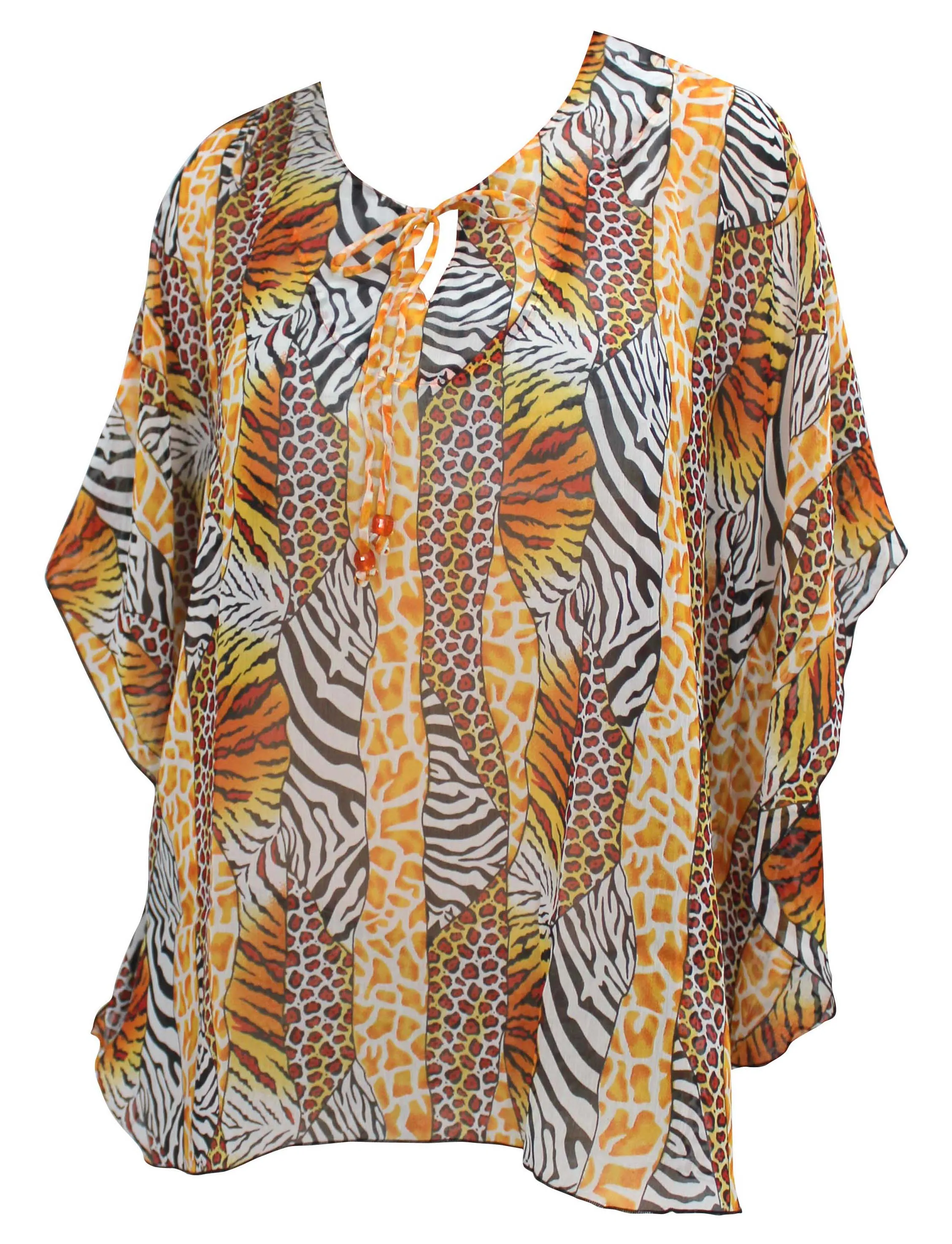 Blouse Chiffon Printed Caftan Short Swimsuit Cover up Orange Swimwear Tank Top