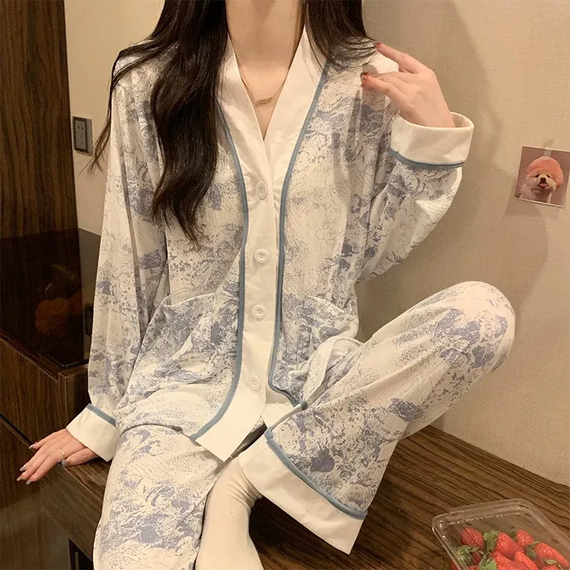 Blue Cotton Cardigan Pajamas