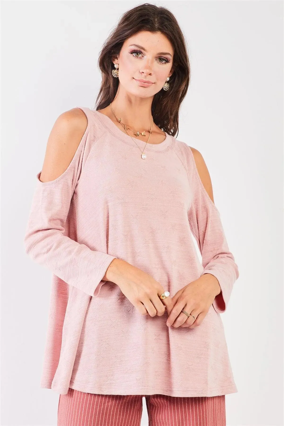 Blush Pink Star Pattern Embroidery Cold Shoulder Derail Long Sleeve Crew Neck Top /1-2-2