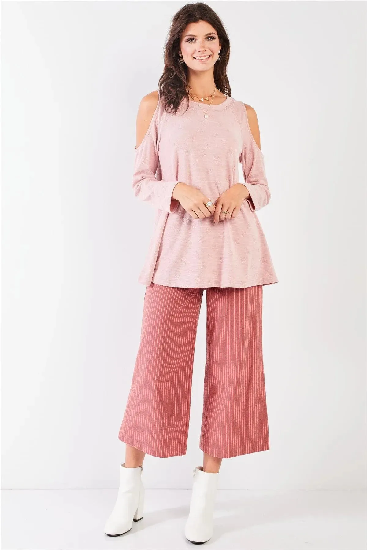 Blush Pink Star Pattern Embroidery Cold Shoulder Derail Long Sleeve Crew Neck Top /1-2-2