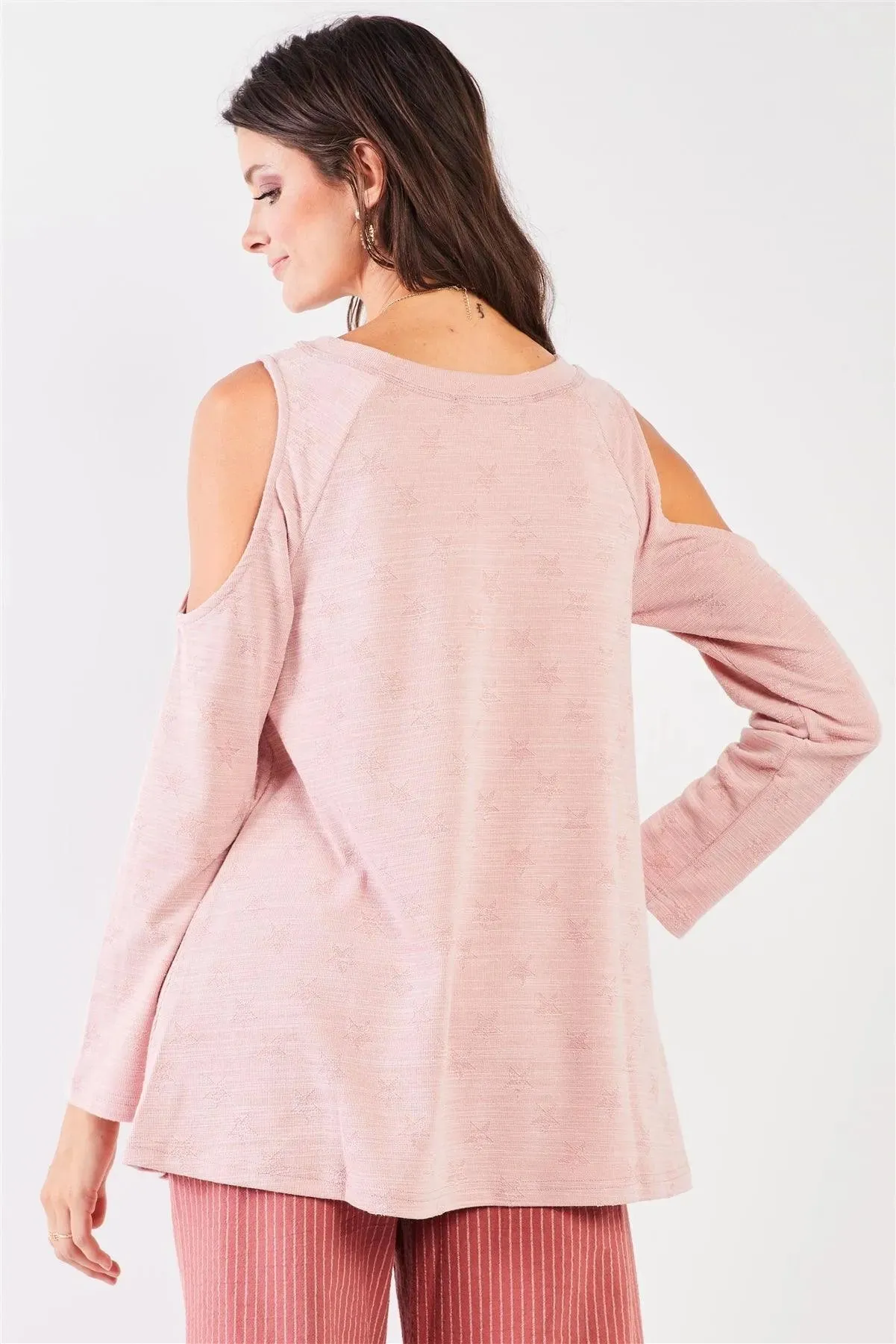 Blush Pink Star Pattern Embroidery Cold Shoulder Derail Long Sleeve Crew Neck Top /1-2-2