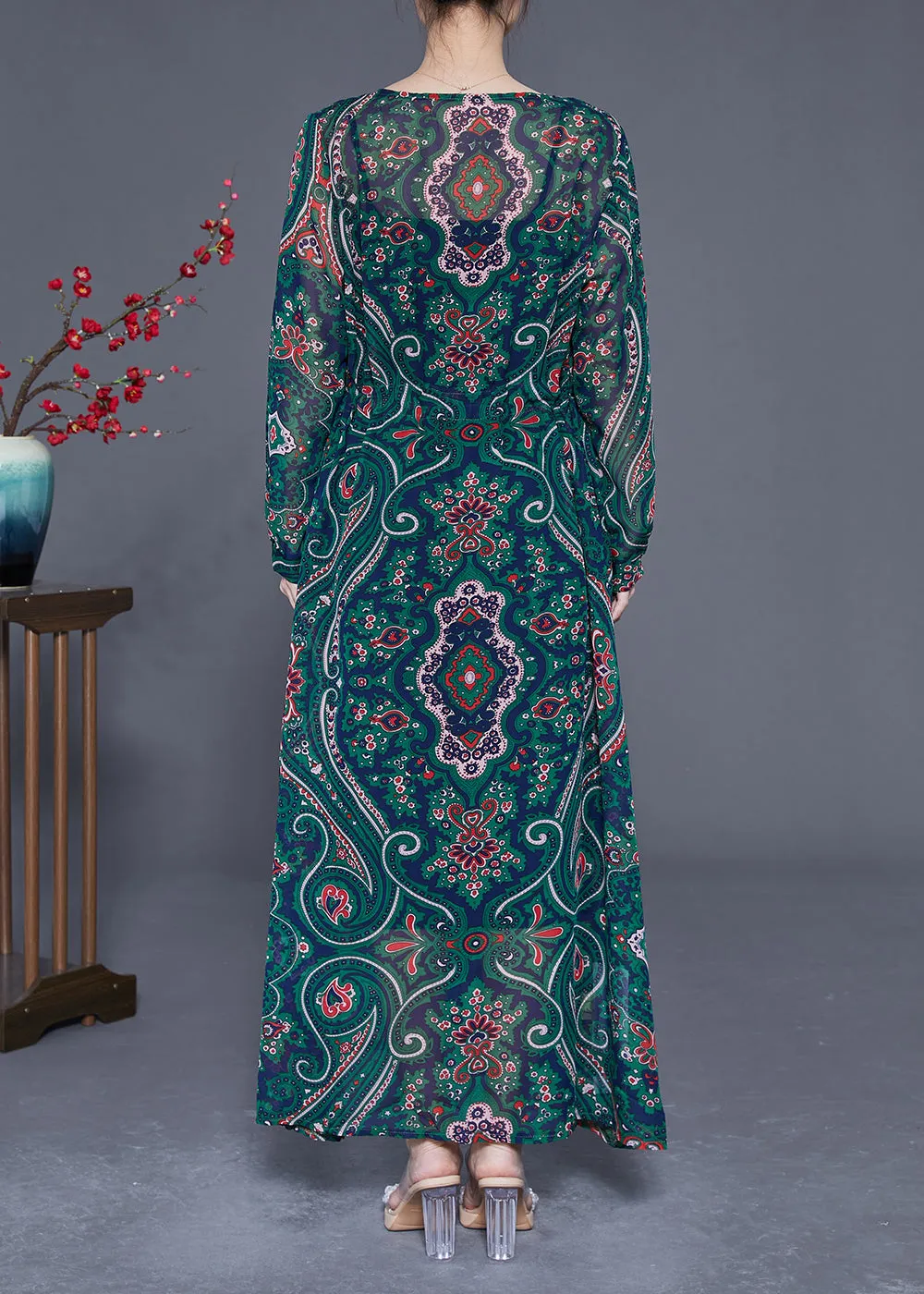 Bohemian Green Print Tie Waist Chiffon Long Cardigan Summer LY2326