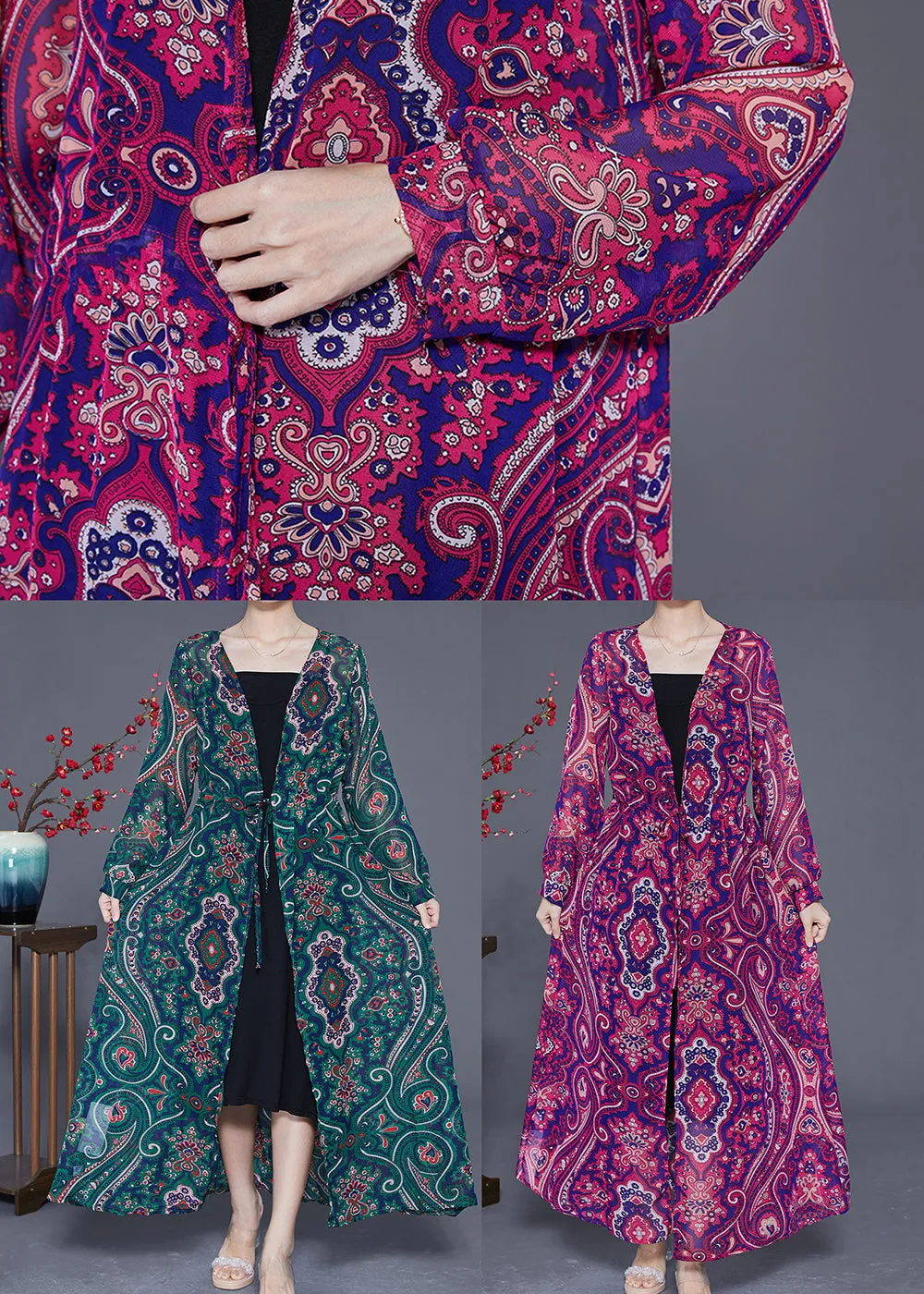 Bohemian Green Print Tie Waist Chiffon Long Cardigan Summer LY2326