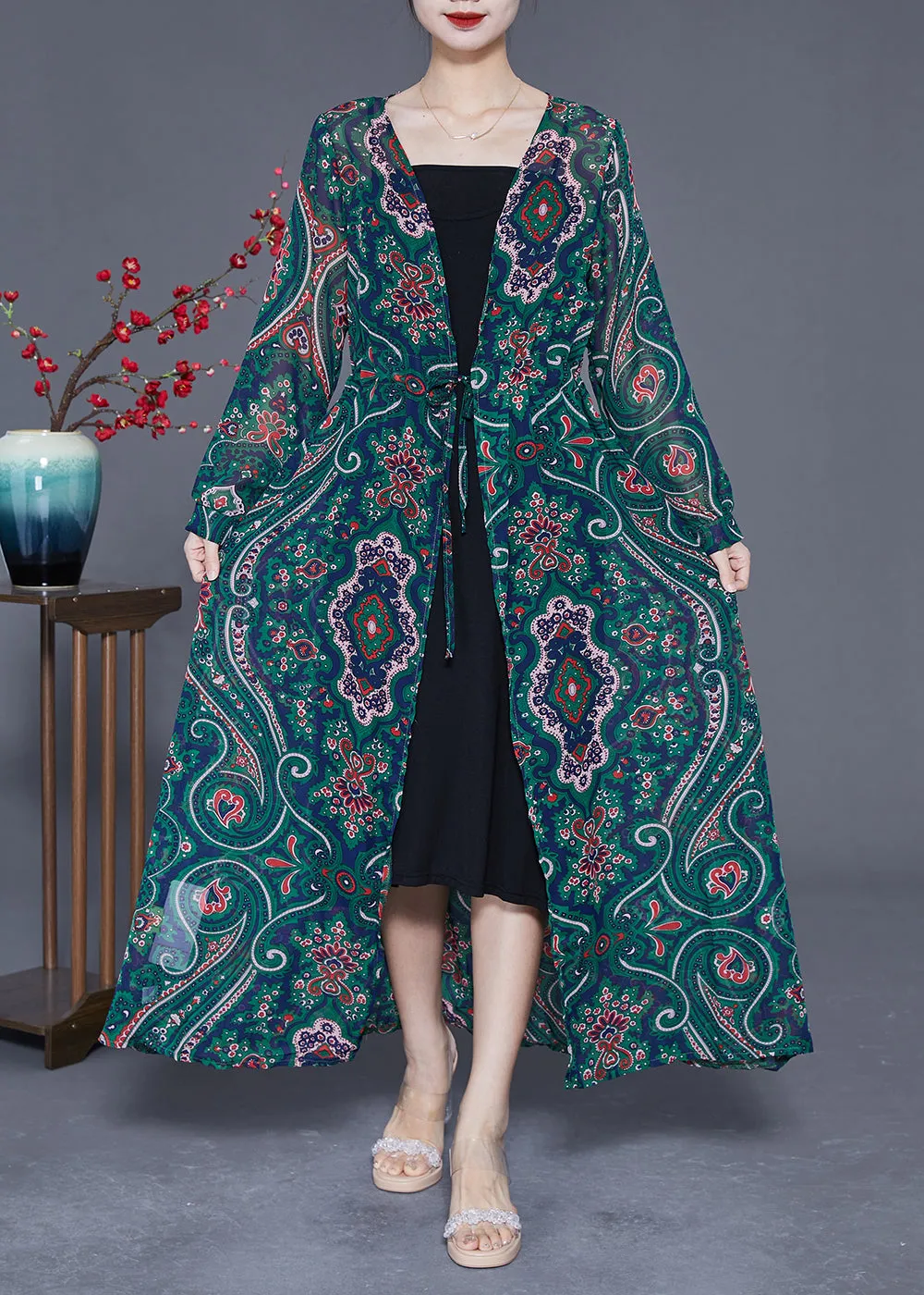 Bohemian Green Print Tie Waist Chiffon Long Cardigan Summer LY2326