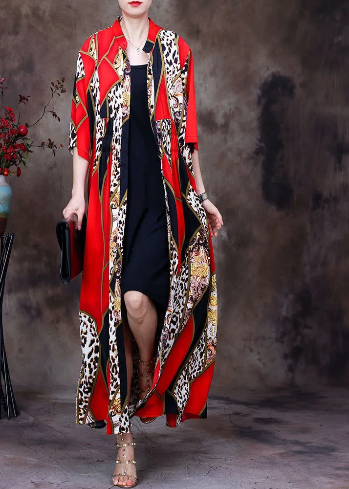 Bohemian Red Stand Collar Leopard Print Chiffon Long Cardigans Summer