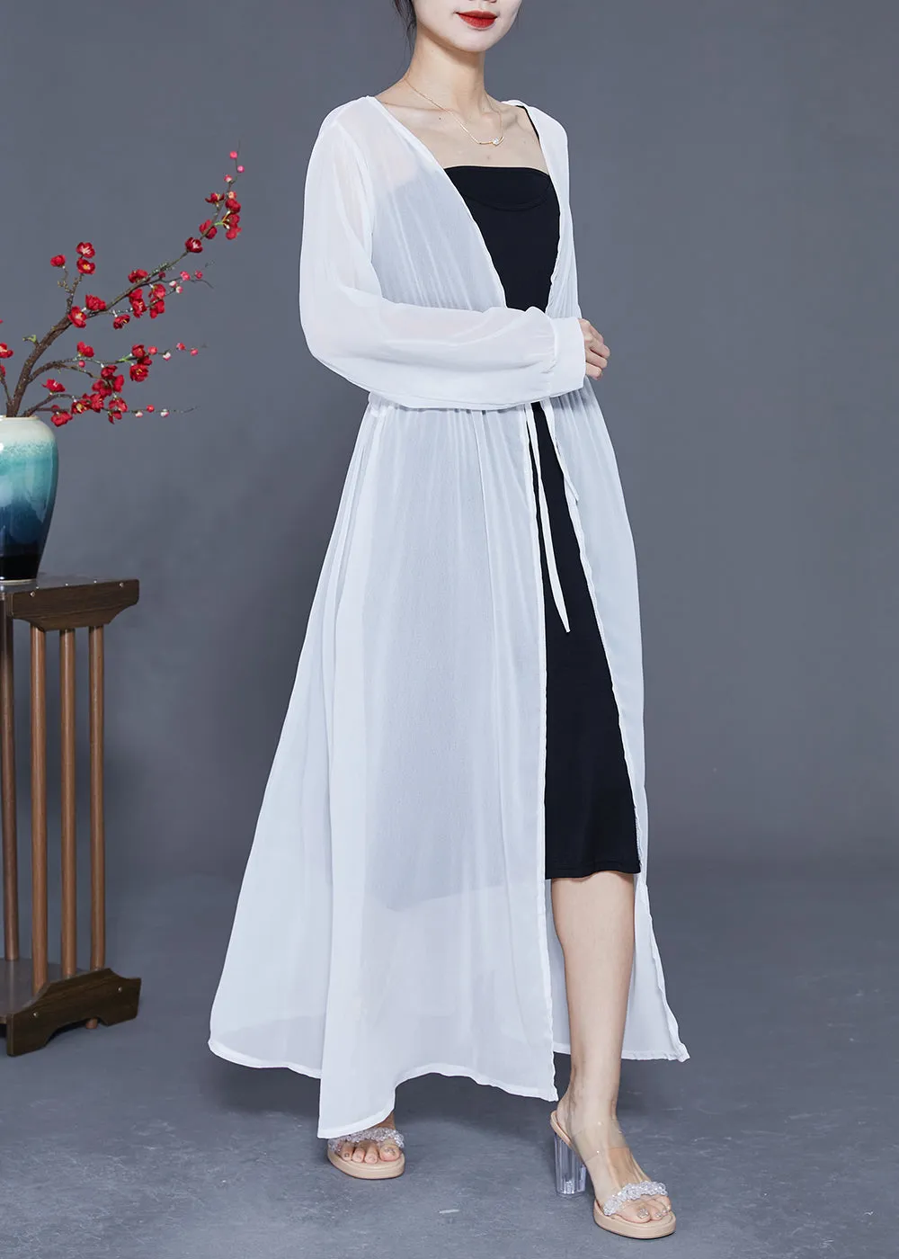 Bohemian White Tie Waist Exra Large Hem Chiffon UPF 50  Coat Summer LY2400