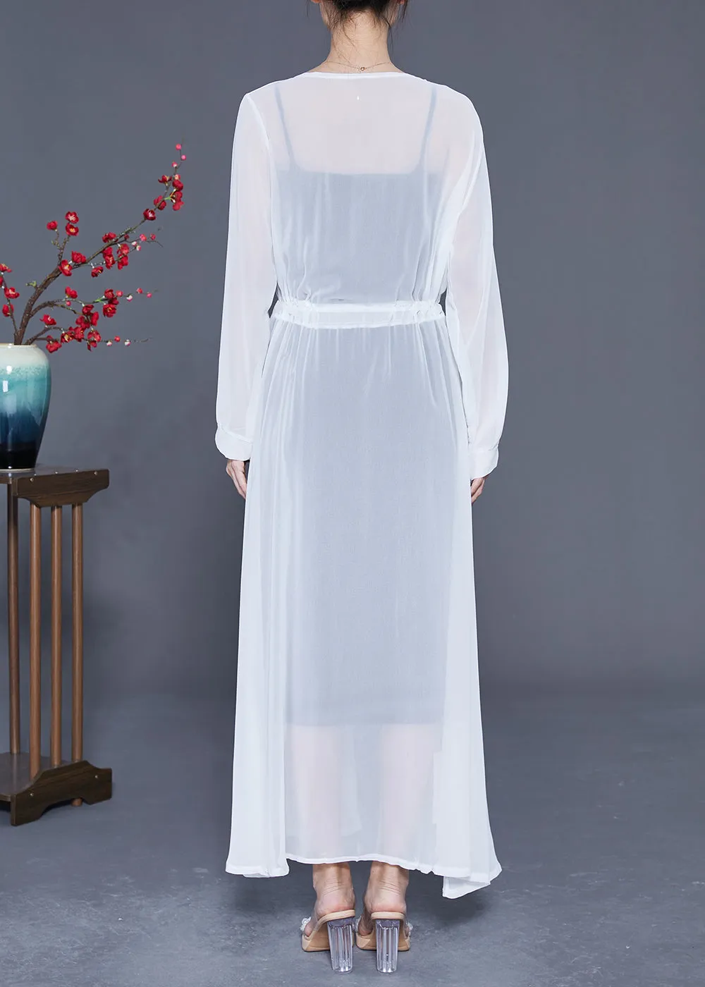 Bohemian White Tie Waist Exra Large Hem Chiffon UPF 50  Coat Summer LY2400