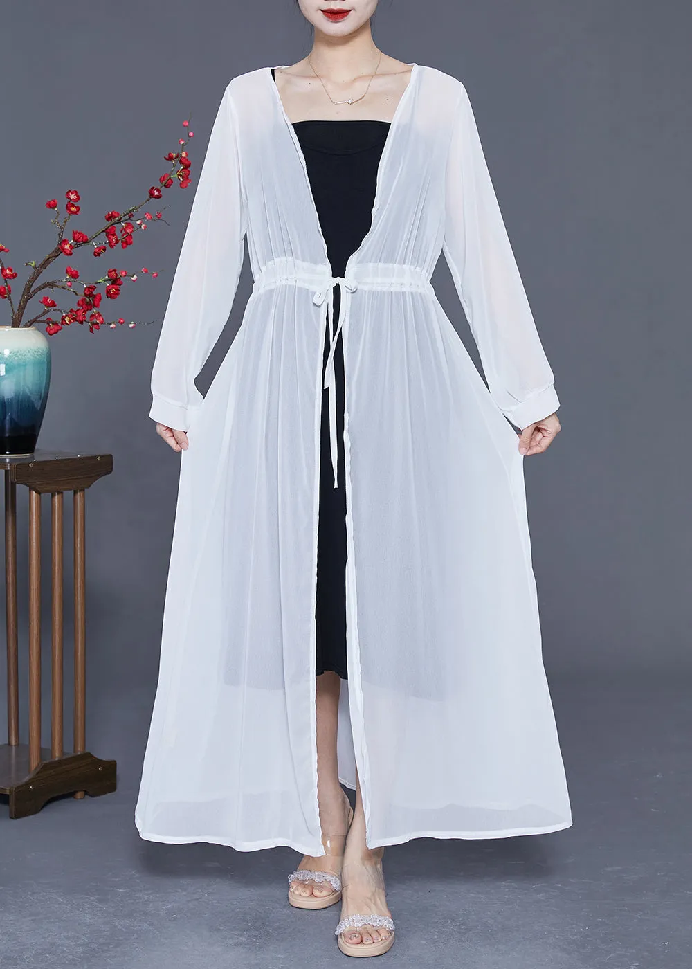 Bohemian White Tie Waist Exra Large Hem Chiffon UPF 50  Coat Summer LY2400