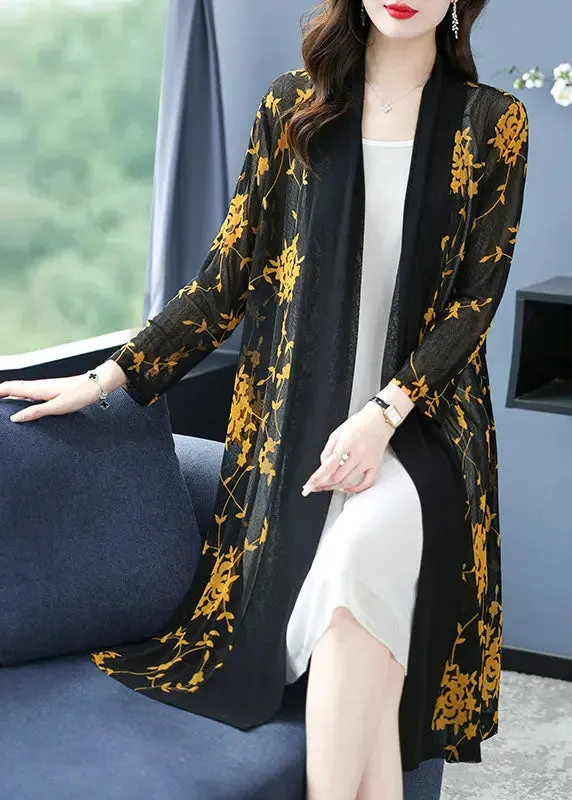 Bohemian Yellow V Neck Print Long Ice Size Chiffon Cardigans Summer LY8100