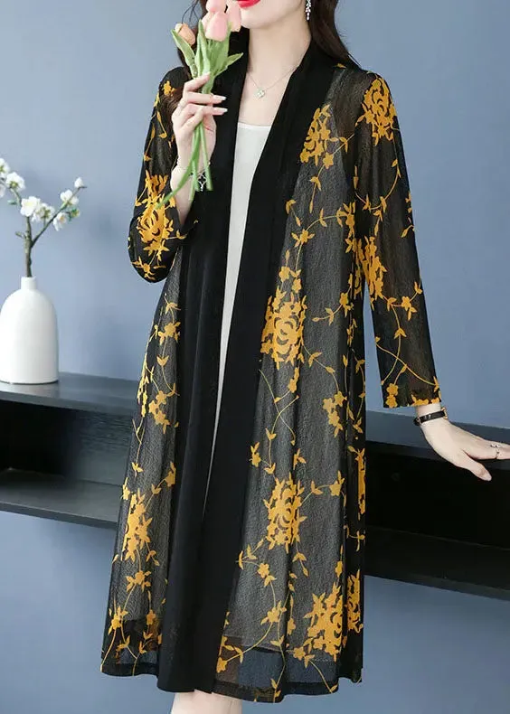 Bohemian Yellow V Neck Print Long Ice Size Chiffon Cardigans Summer LY8100