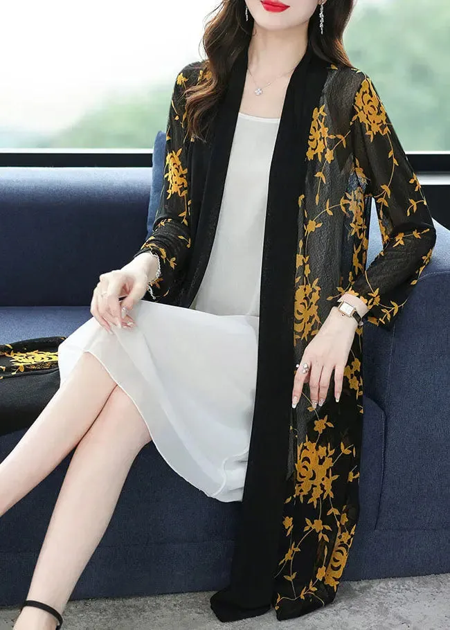 Bohemian Yellow V Neck Print Long Ice Size Chiffon Cardigans Summer LY8100