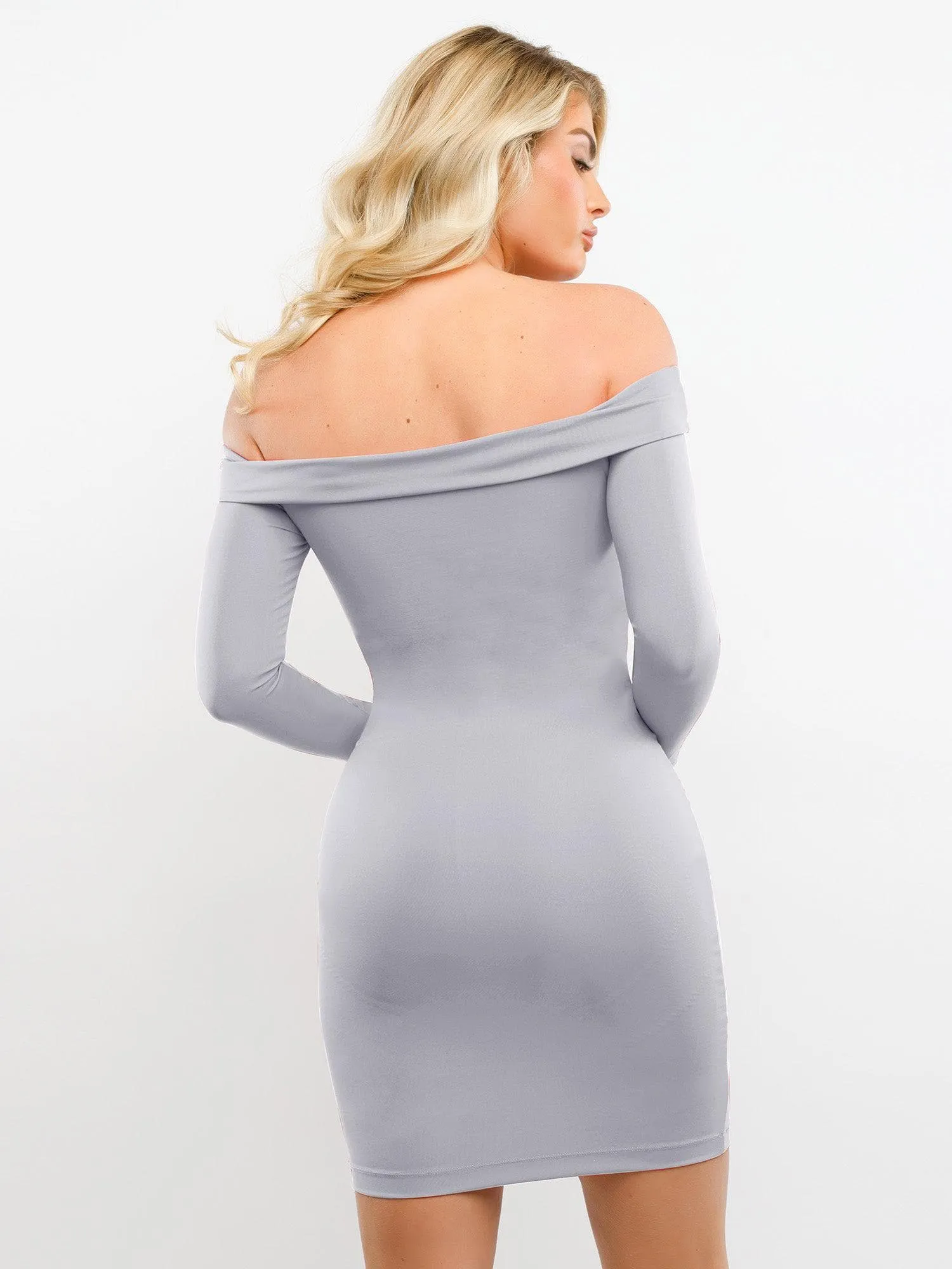 Built-In Shapewear Off Shoulder Long Sleeve Midi Dress