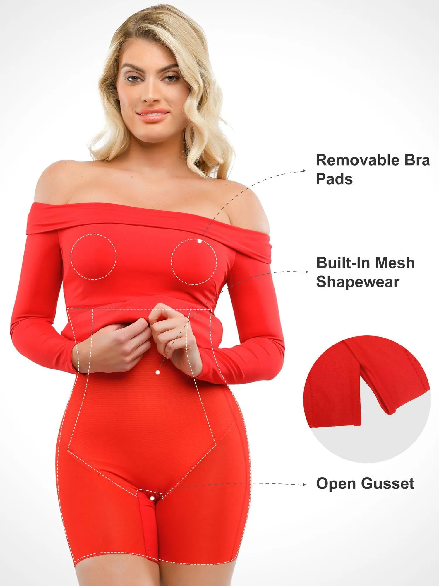 Built-In Shapewear Off Shoulder Long Sleeve Midi Dress