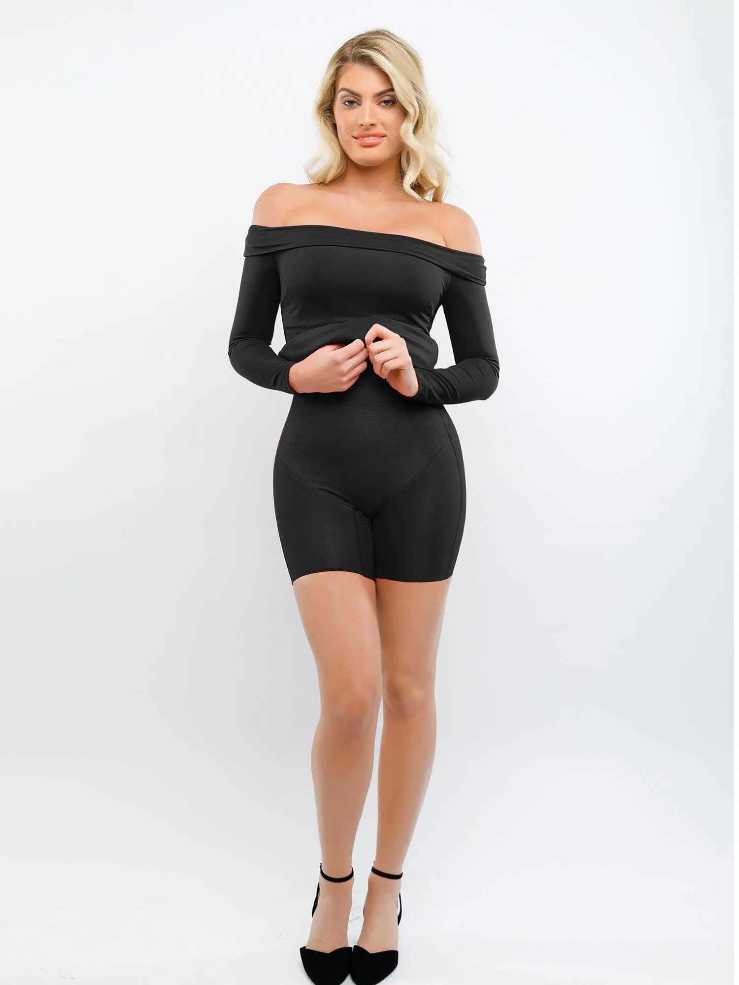 Built-In Shapewear Off Shoulder Long Sleeve Midi Dress