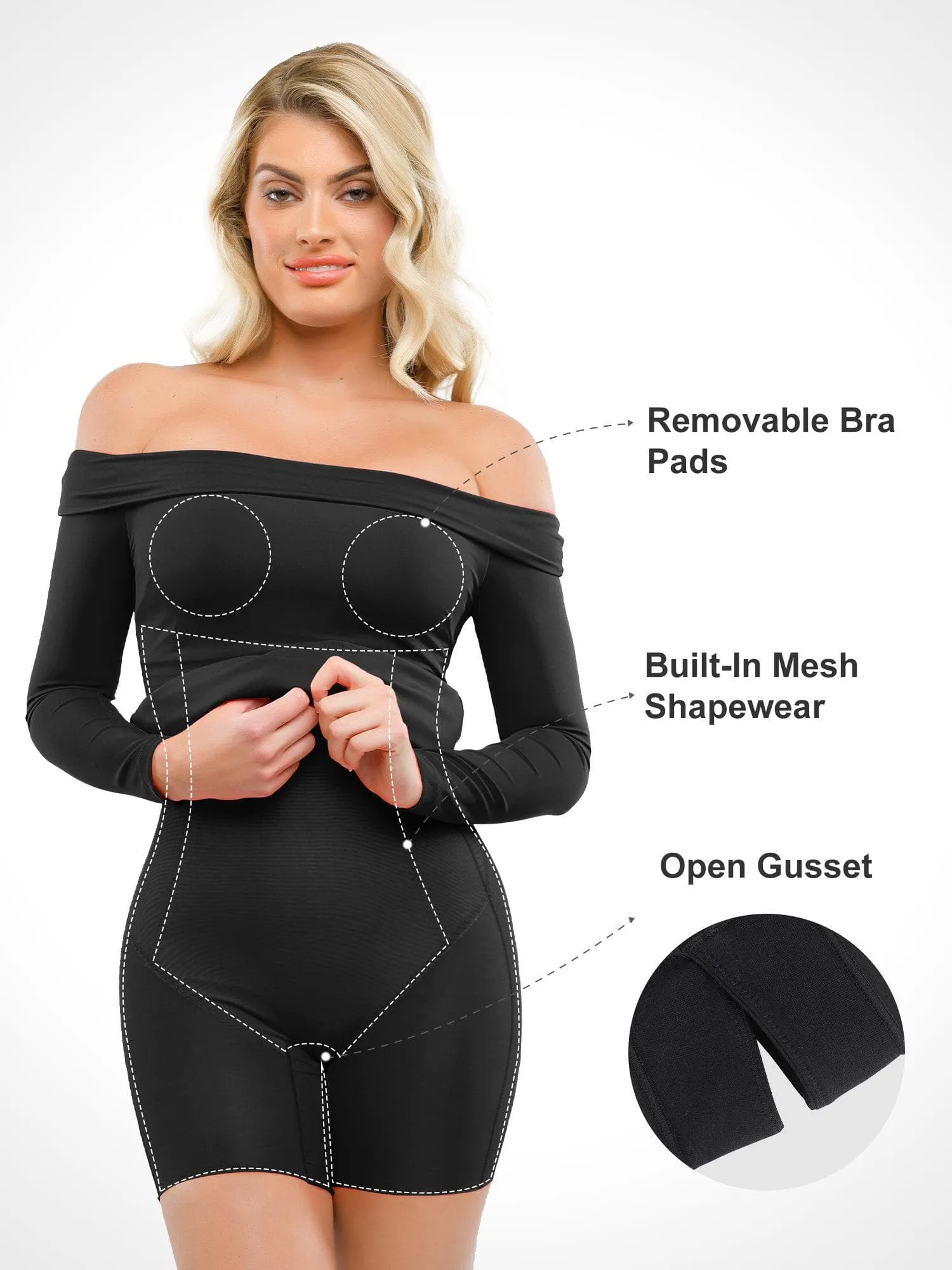 Built-In Shapewear Off Shoulder Long Sleeve Midi Dress