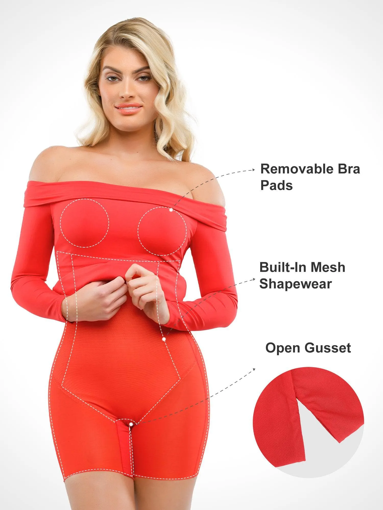 Built-In Shapewear Off Shoulder Long Sleeve Midi Dress