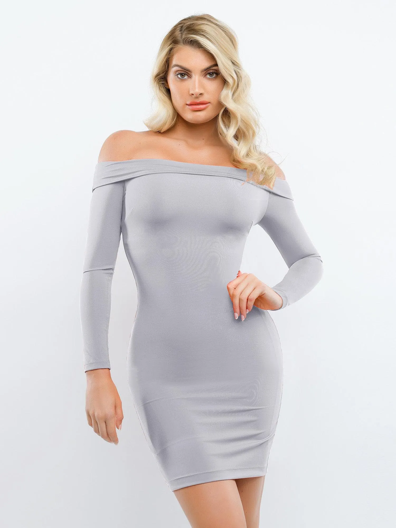 Built-In Shapewear Off Shoulder Long Sleeve Midi Dress