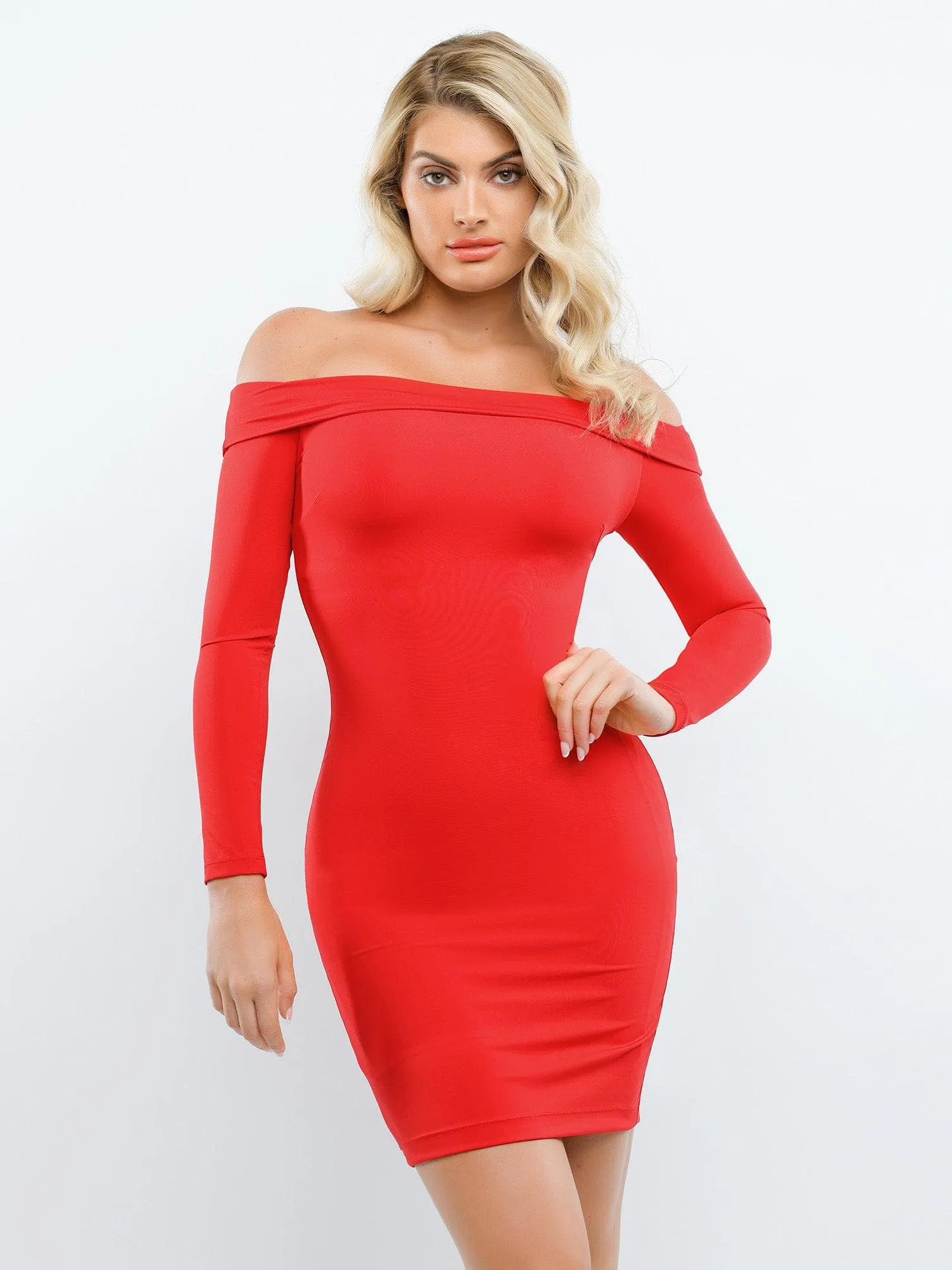 Built-In Shapewear Off Shoulder Long Sleeve Midi Dress