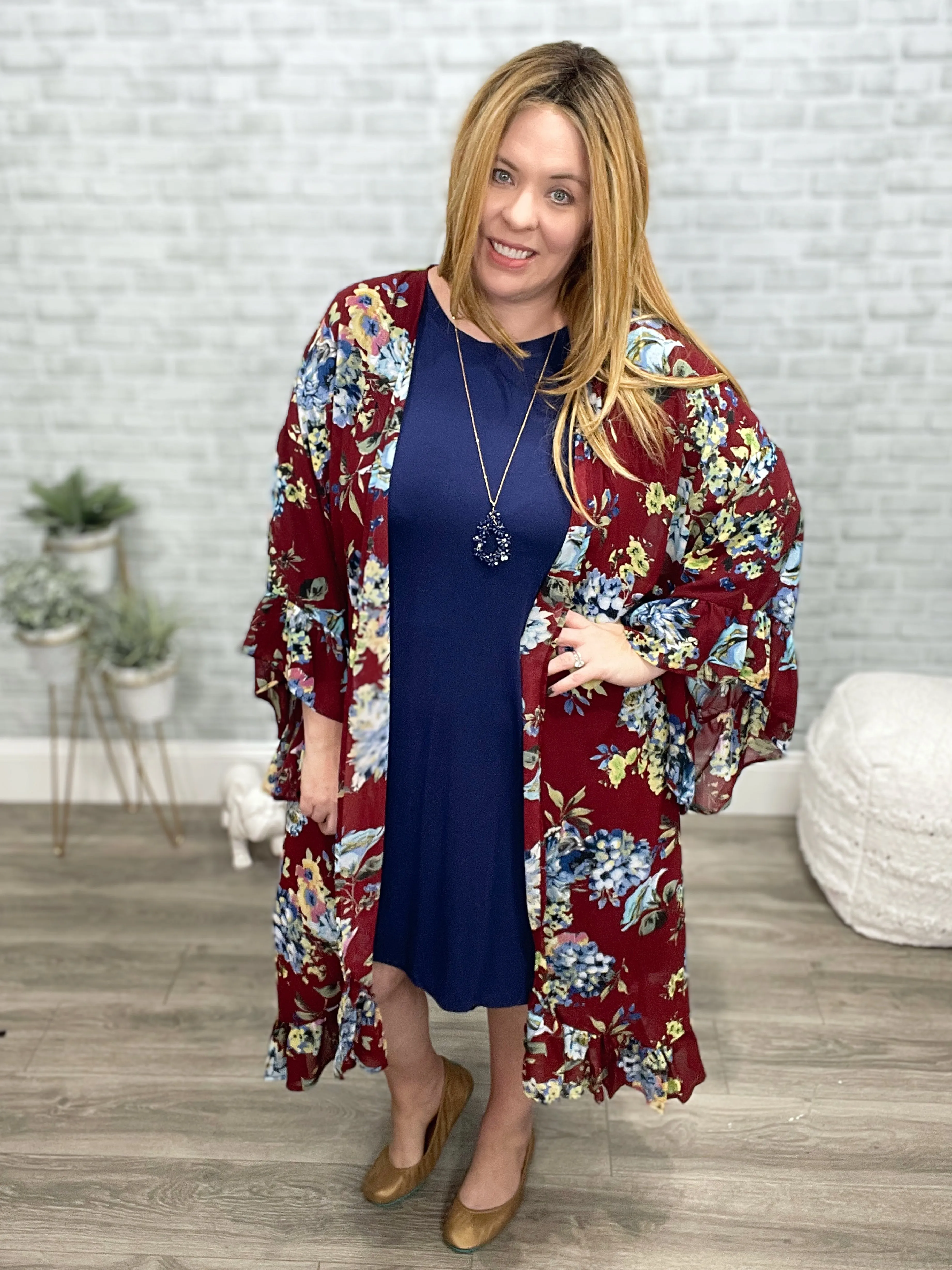 Burgundy & Blue Floral Long Sleeve Chiffon Ruffle Kimono Cardigan {Umgee}