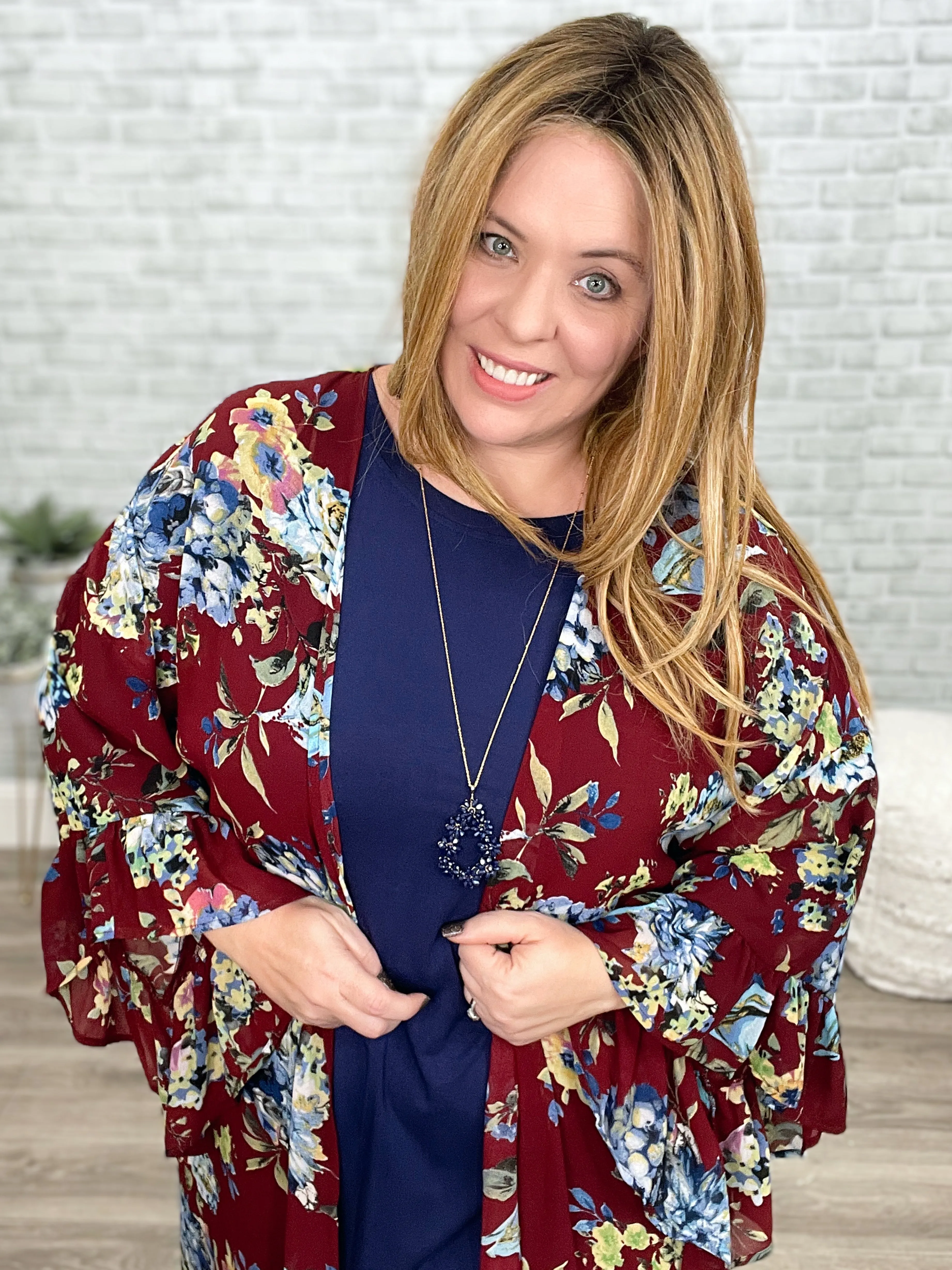 Burgundy & Blue Floral Long Sleeve Chiffon Ruffle Kimono Cardigan {Umgee}