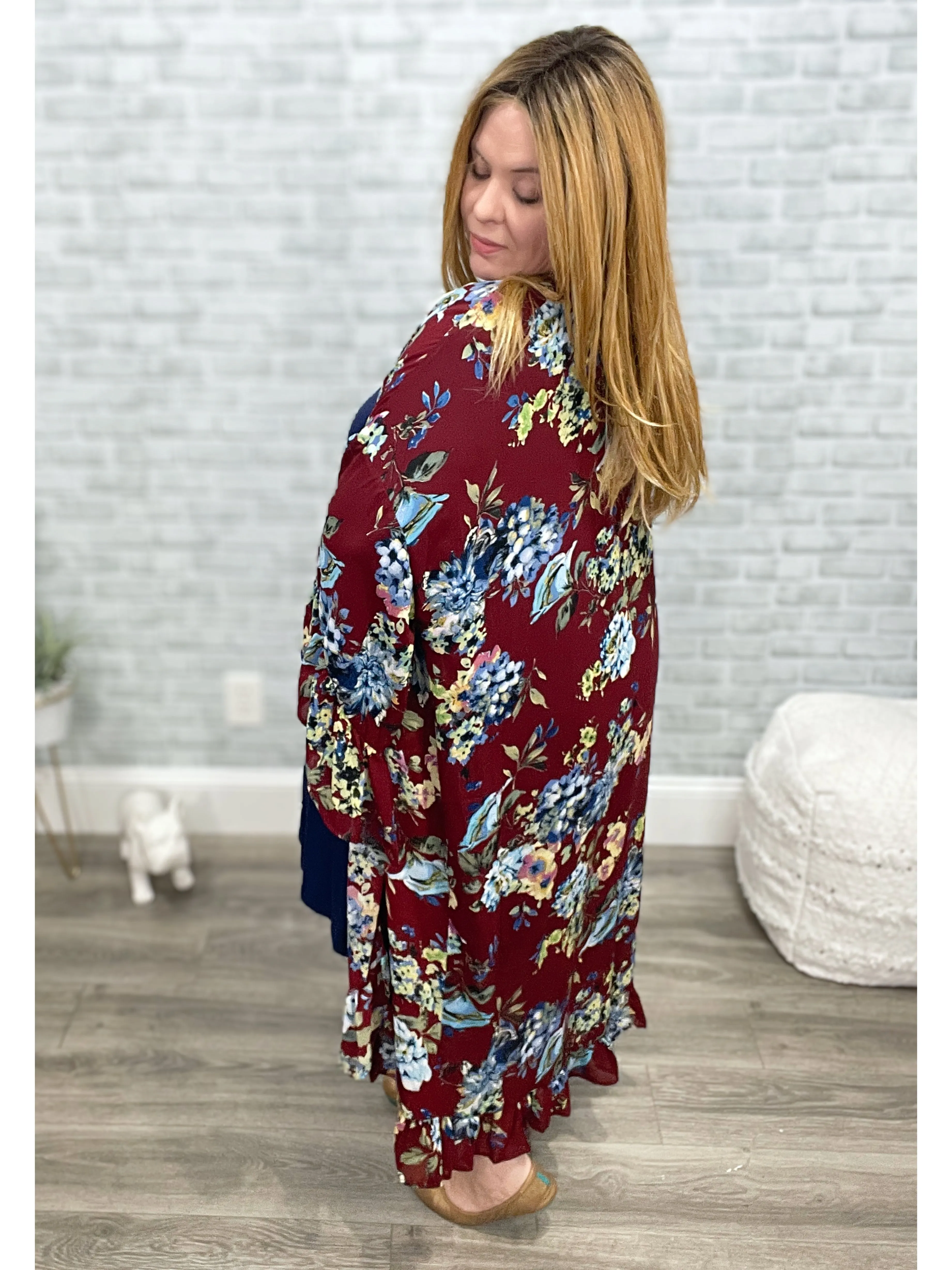 Burgundy & Blue Floral Long Sleeve Chiffon Ruffle Kimono Cardigan {Umgee}