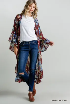 Burgundy & Blue Floral Long Sleeve Chiffon Ruffle Kimono Cardigan {Umgee}