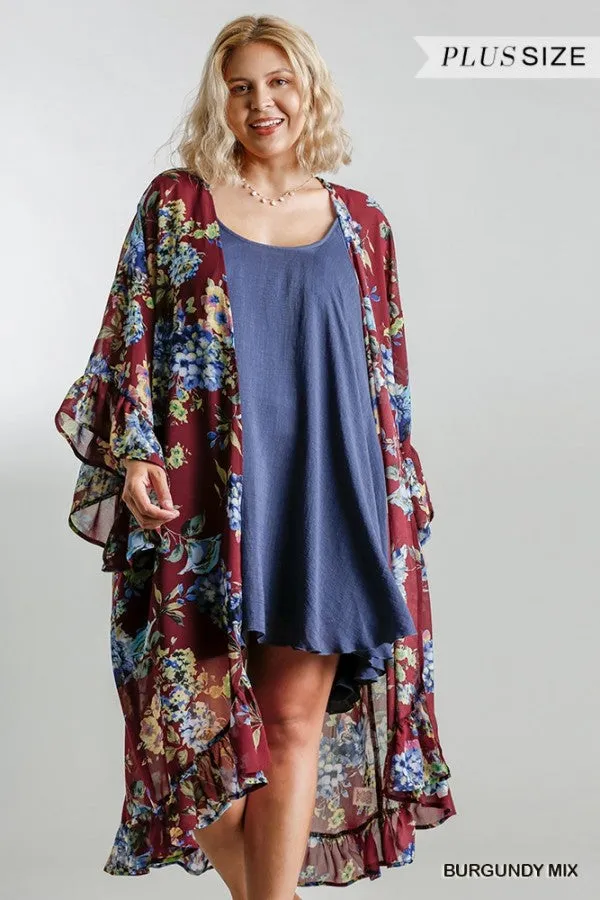 Burgundy & Blue Floral Long Sleeve Chiffon Ruffle Kimono Cardigan {Umgee}