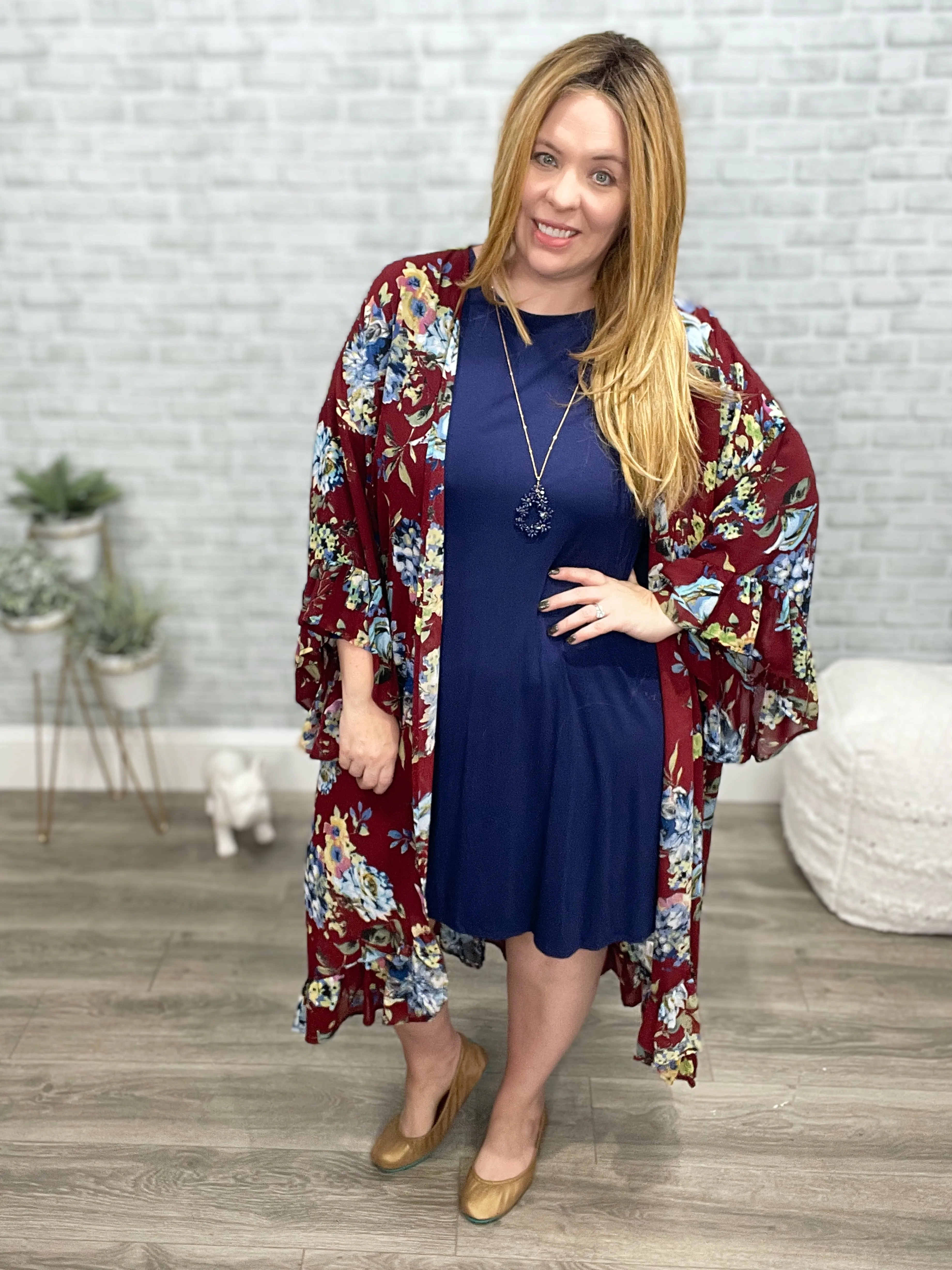 Burgundy & Blue Floral Long Sleeve Chiffon Ruffle Kimono Cardigan {Umgee}