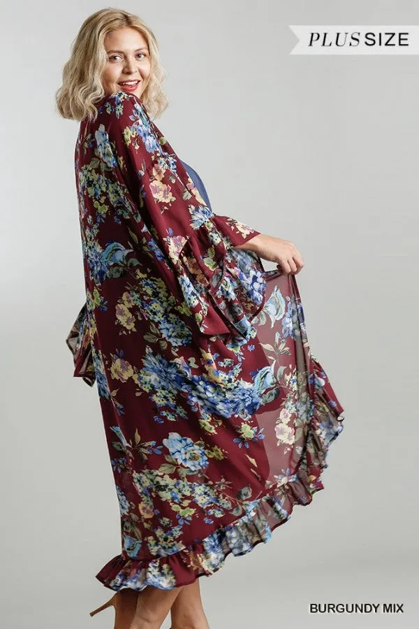 Burgundy & Blue Floral Long Sleeve Chiffon Ruffle Kimono Cardigan {Umgee}