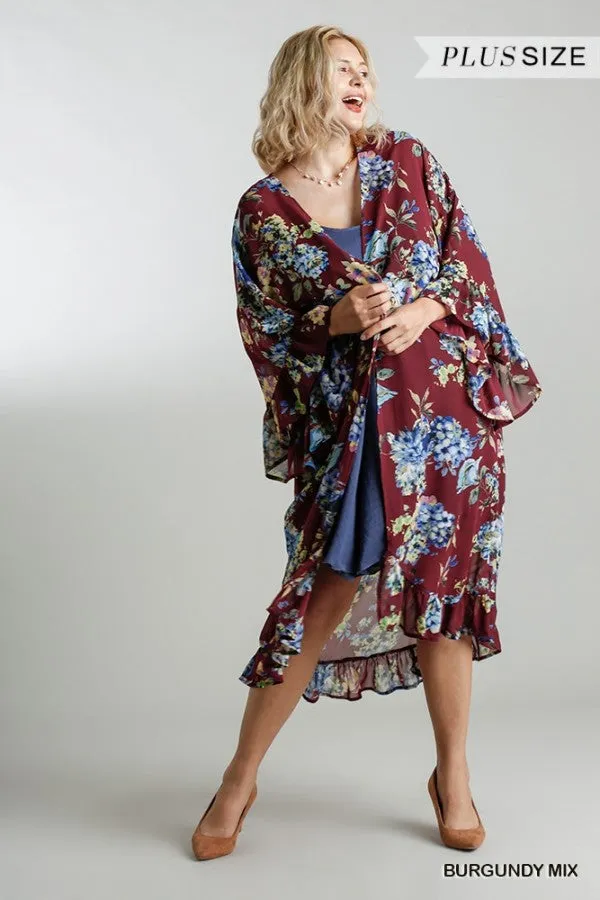 Burgundy & Blue Floral Long Sleeve Chiffon Ruffle Kimono Cardigan {Umgee}