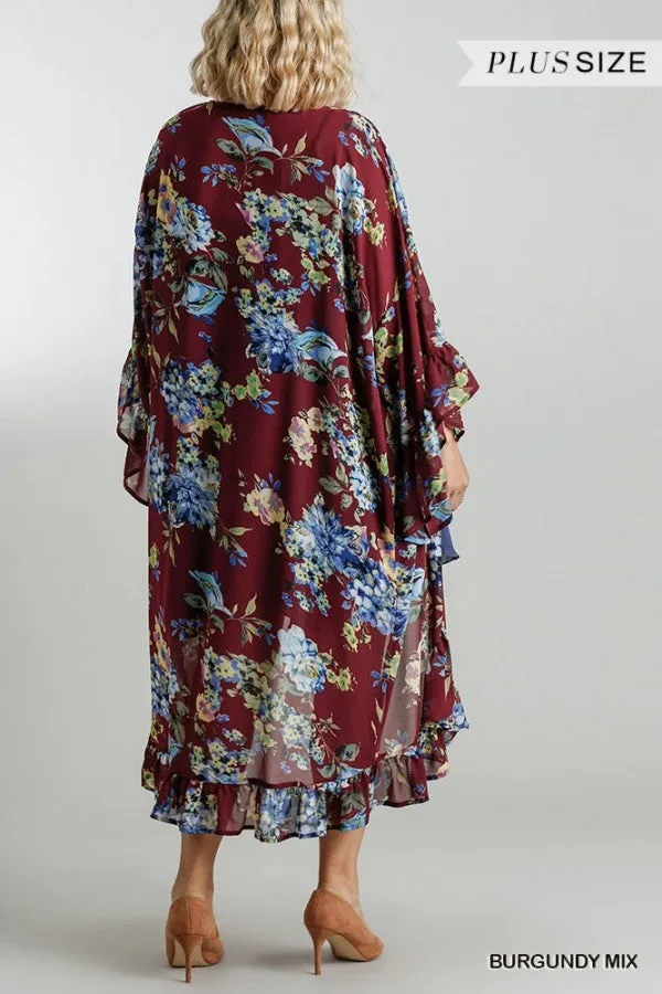 Burgundy & Blue Floral Long Sleeve Chiffon Ruffle Kimono Cardigan {Umgee}