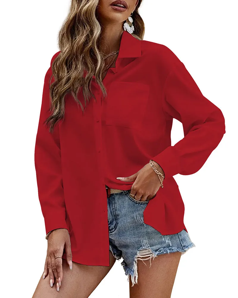 Button Down Shirt Long Sleeve Chiffon Blouse - Zeagoo (Us Only)