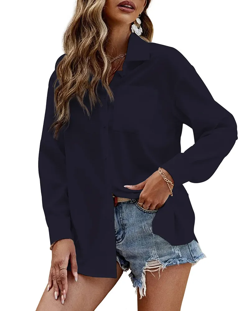 Button Down Shirt Long Sleeve Chiffon Blouse - Zeagoo (Us Only)