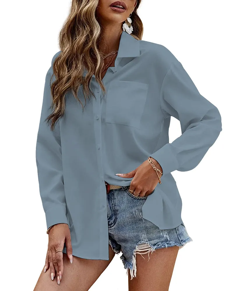 Button Down Shirt Long Sleeve Chiffon Blouse - Zeagoo (Us Only)