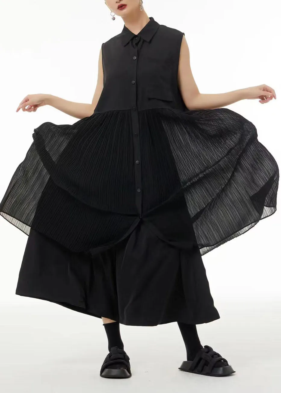 Casual Black Peter Pan Collar Patchwork Chiffon Pleated Dress Sleeveless LC0123